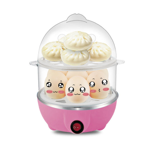 Electric Egg Cooker Steamer with Timer Auto Shut-Off 14 Egg Capacity 350W Double Layer Multifunctional for Milk Food Heating Pink.