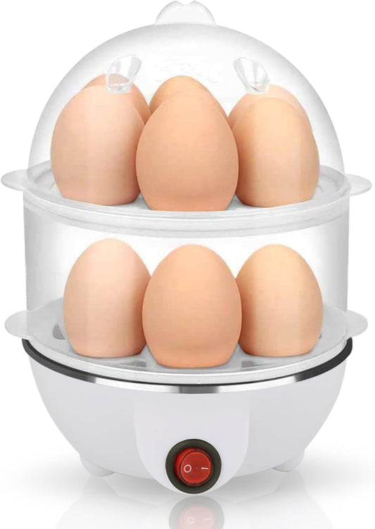Electric Egg Cooker 14 Egg Capacity Double Layer with Auto Shut-Off Timer 350W Multifunctional for Steaming Eggs Heating Milk Food White.