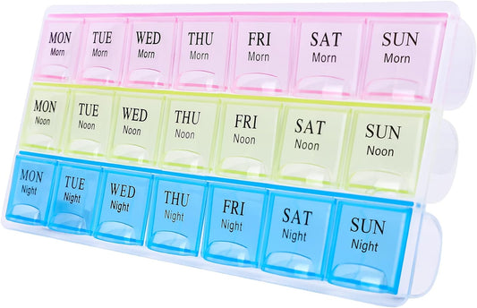 7 Day Pill Organizer 3 Compartments AM PM Evening 21 Slot Weekly Medication Storage Box.