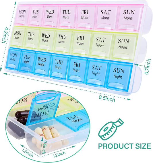 7 Day Pill Organizer 3 Compartments AM PM Evening 21 Slot Weekly Medication Storage Box.