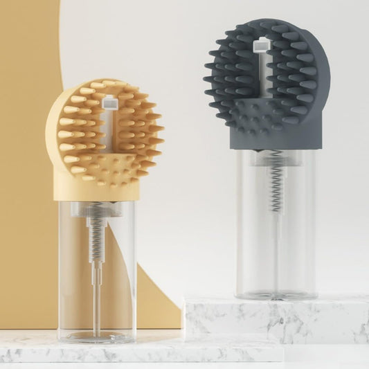 2-in-1 Silicone Pet Bath Brush with Shampoo Dispenser - Grey - Massage Grooming Tool for Dogs and Cats - Perfect for Bath Time Care.