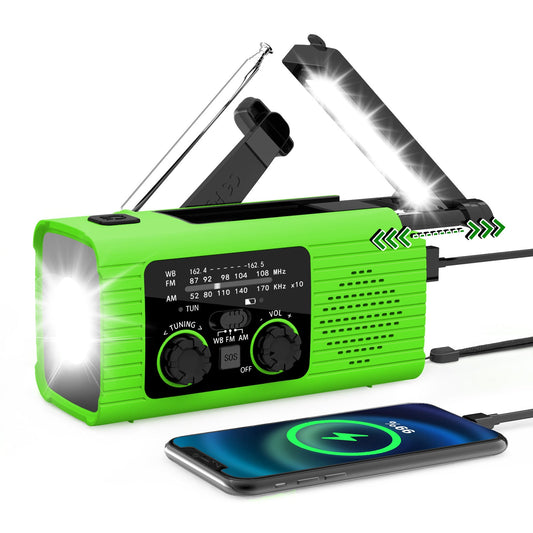 Multi-Colour 4000mAh Solar & Hand Crank Emergency Radio Portable Rechargeable Battery Operated for Indoor Outdoor Use.
