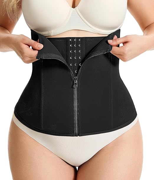 Women's Black Waist Trainer with Zipper Shapewear Tummy Control Body Shaper Sport Slimming Belt.