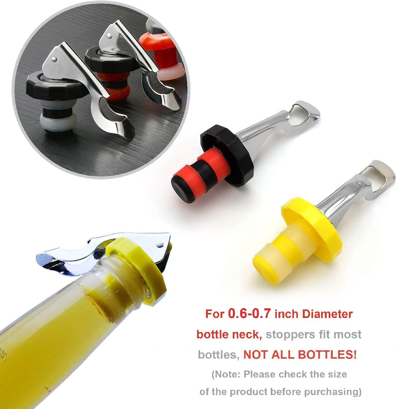 6 Pack Silicone Vacuum Bottle Stoppers Red Yellow Black for Wine Champagne Beer Whisky Soft Drinks Water Airtight Reusable.