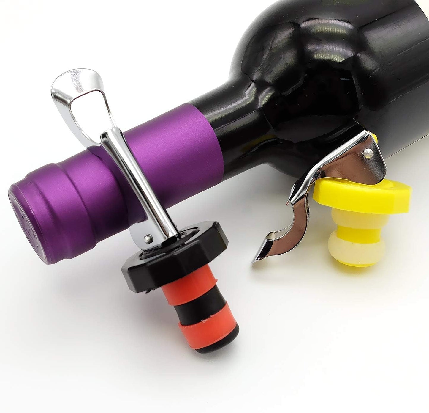 6 Pack Silicone Vacuum Bottle Stoppers Red Yellow Black for Wine Champagne Beer Whisky Soft Drinks Water Airtight Reusable.