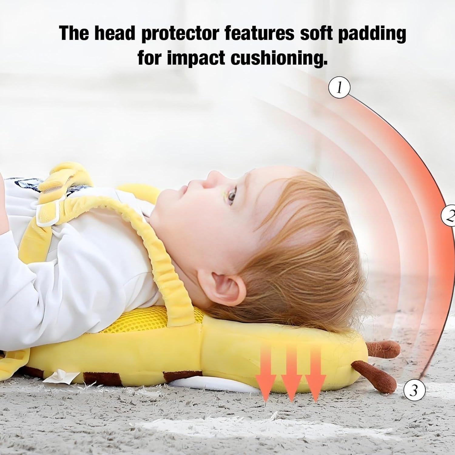 Adjustable Kids Safety Pillow 30cm x 18cm Yellow Toddler Head Protector Cushion for Safe Playtime.