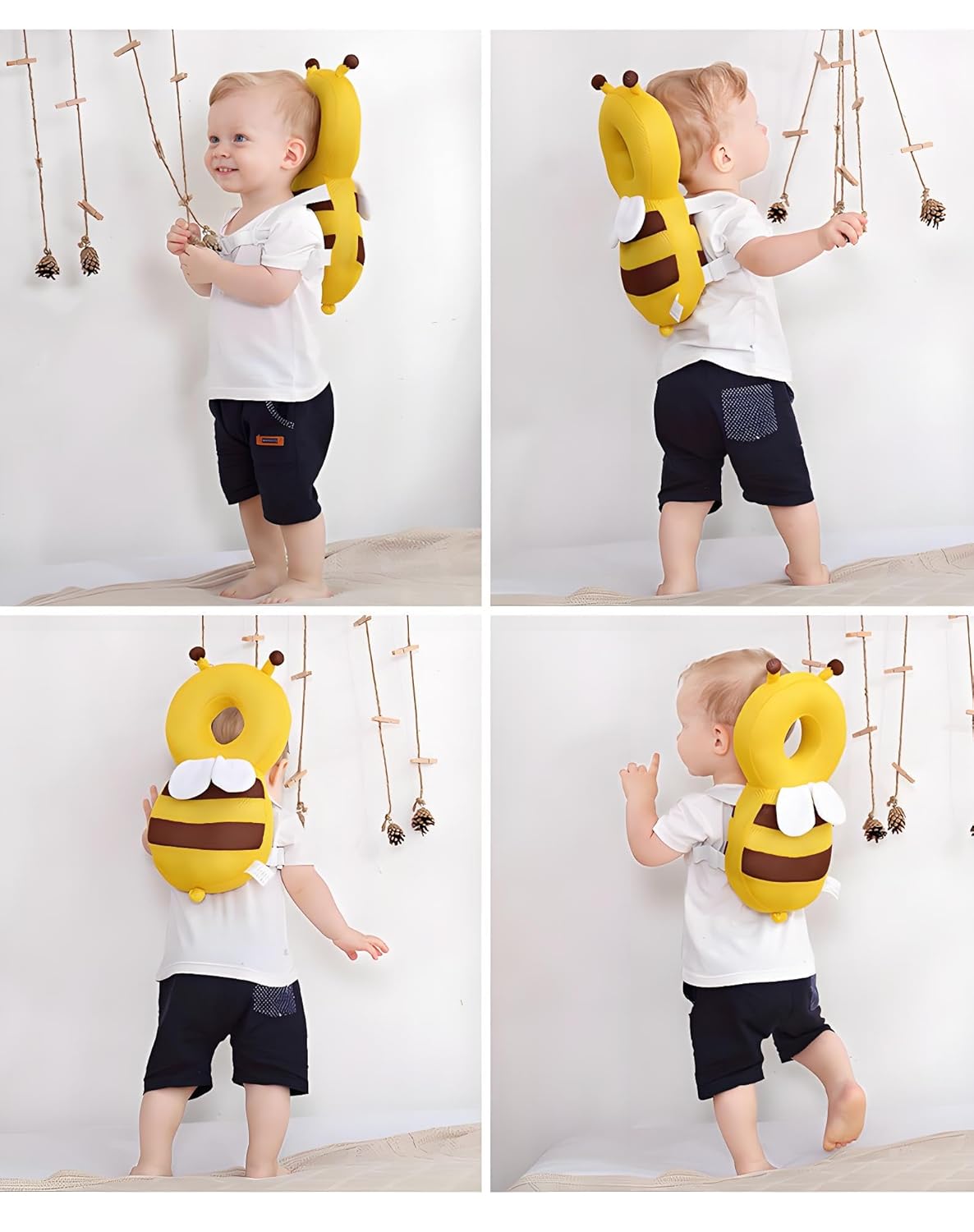 Adjustable Kids Safety Pillow 30cm x 18cm Yellow Toddler Head Protector Cushion for Safe Playtime.