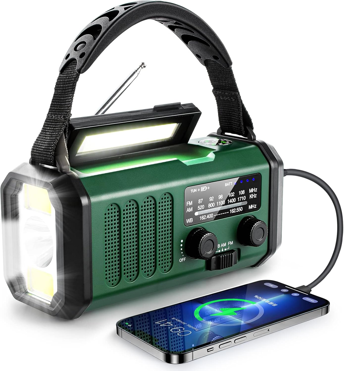 10000mAh Solar Powered Emergency Radio & Power Bank All-in-1 Survival Device with Hand Crank NOAA Alert Powerful Flashlight for Outdoor Camping and Emergency Use.