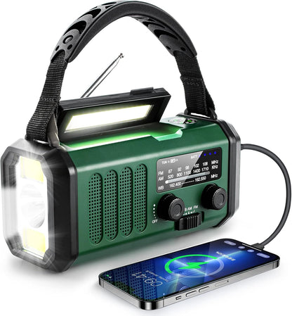 10000mAh Solar Powered Emergency Radio & Power Bank All-in-1 Survival Device with Hand Crank NOAA Alert Powerful Flashlight for Outdoor Camping and Emergency Use.