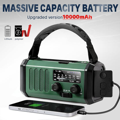 10000mAh Solar Powered Emergency Radio & Power Bank All-in-1 Survival Device with Hand Crank NOAA Alert Powerful Flashlight for Outdoor Camping and Emergency Use.