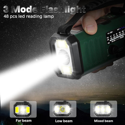 10000mAh Solar Powered Emergency Radio & Power Bank All-in-1 Survival Device with Hand Crank NOAA Alert Powerful Flashlight for Outdoor Camping and Emergency Use.