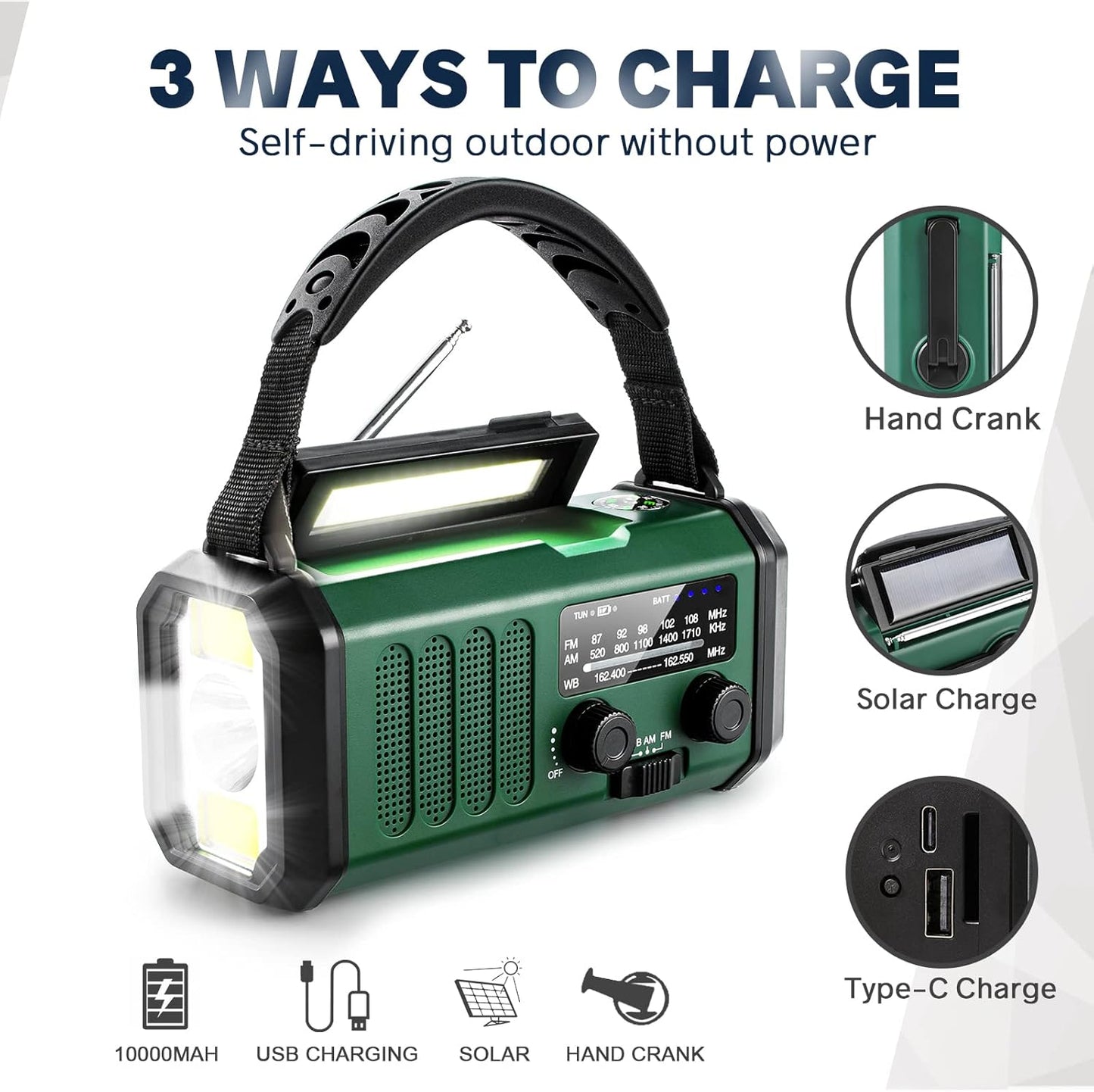 10000mAh Solar Powered Emergency Radio & Power Bank All-in-1 Survival Device with Hand Crank NOAA Alert Powerful Flashlight for Outdoor Camping and Emergency Use.