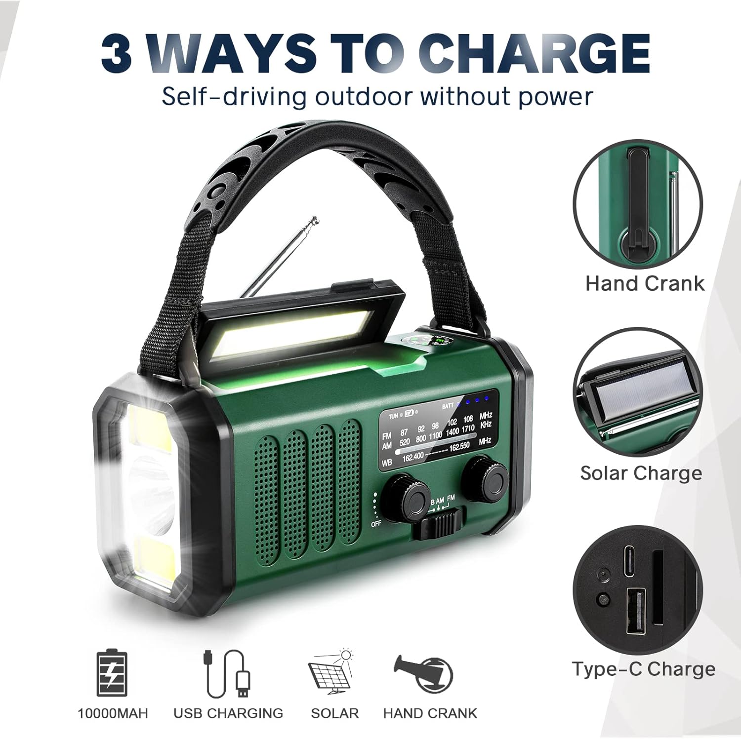 10000mAh Solar Powered Emergency Radio & Power Bank All-in-1 Survival Device with Hand Crank NOAA Alert Powerful Flashlight for Outdoor Camping and Emergency Use.