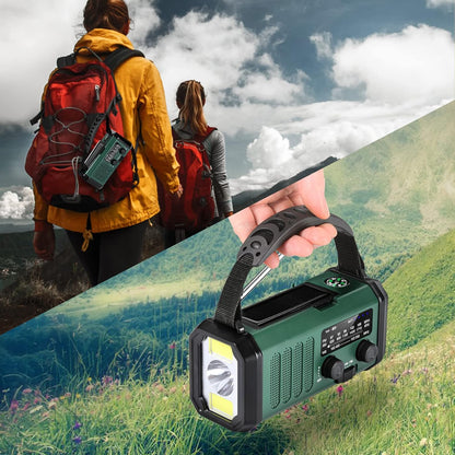 10000mAh Solar Powered Emergency Radio & Power Bank All-in-1 Survival Device with Hand Crank NOAA Alert Powerful Flashlight for Outdoor Camping and Emergency Use.