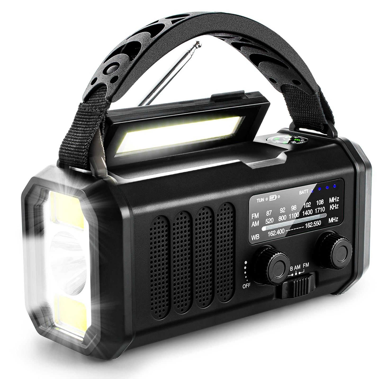 Solar Powered Emergency Radio with AM/FM, Rechargeable Battery, Flashlight, Reading Light and Phone Charger for Indoor Outdoor Use.