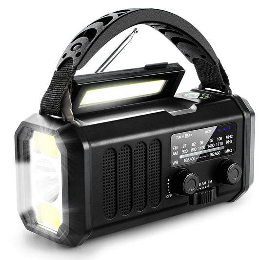 Solar Powered Emergency Radio with AM/FM, Rechargeable Battery, Flashlight, Reading Light and Phone Charger for Indoor Outdoor Use.