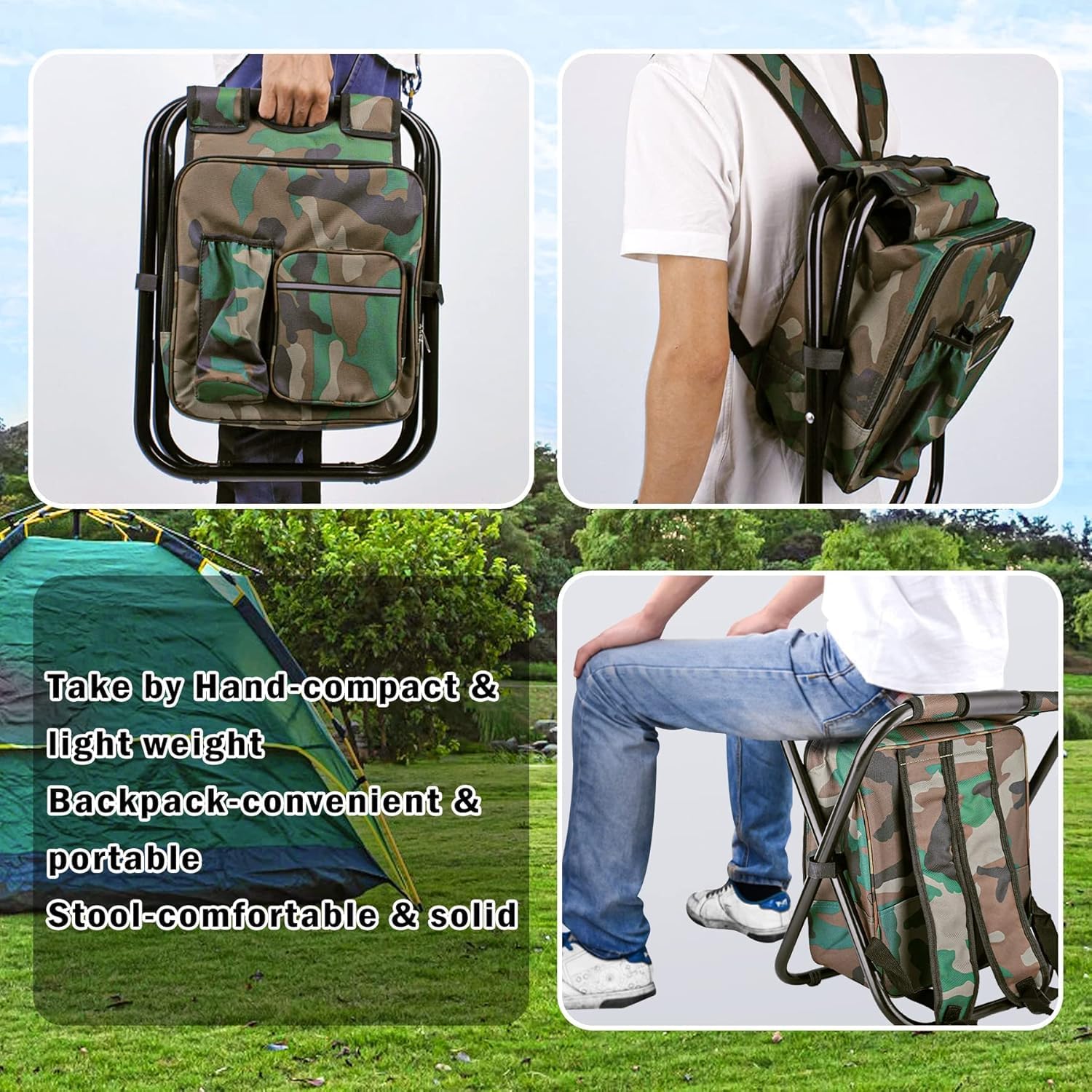 Camouflage Folding Camping Chair Portable Compact Adjustable Fishing Stool for Outdoor Use.