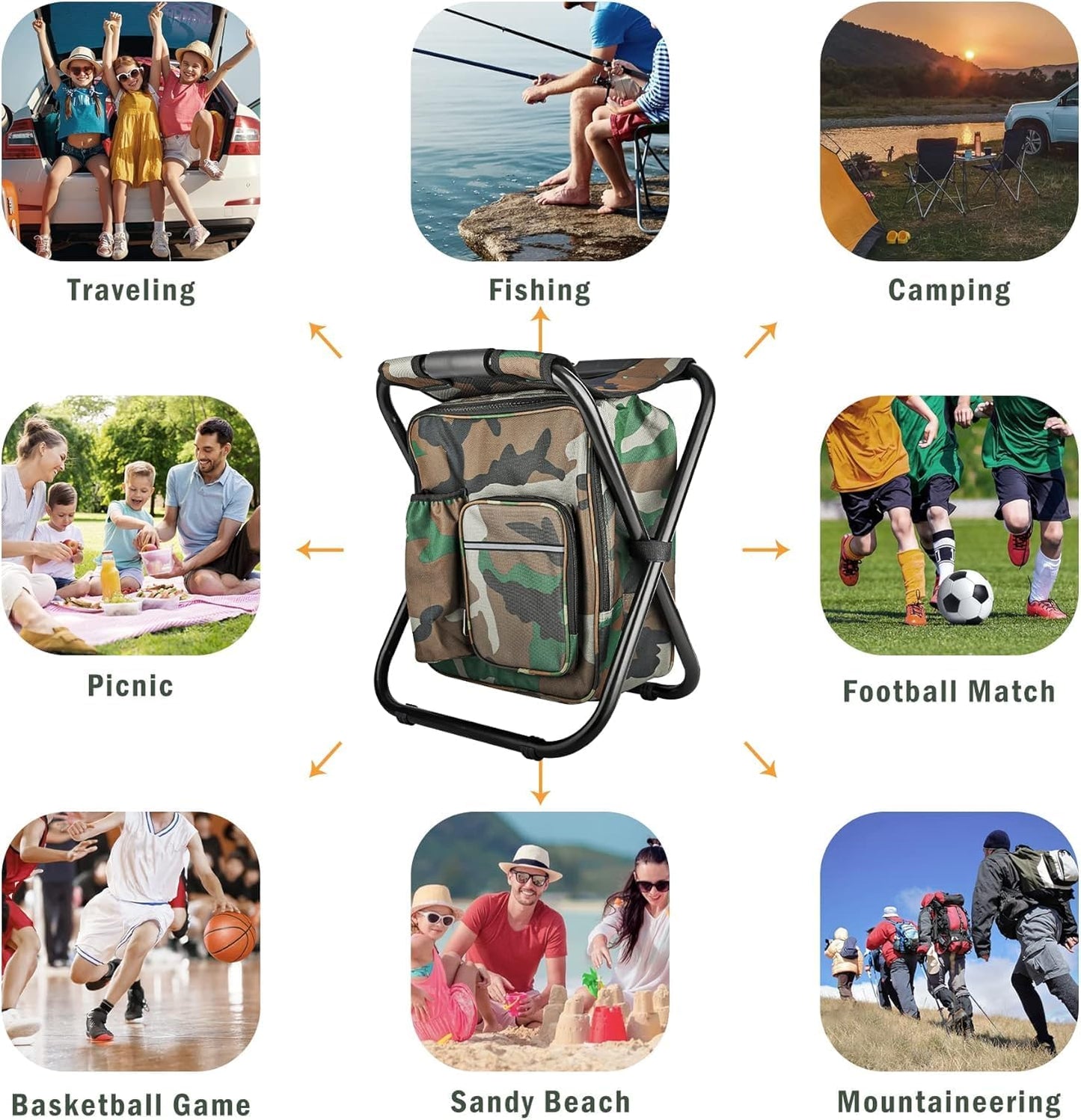 Camouflage Folding Camping Chair Portable Compact Adjustable Fishing Stool for Outdoor Use.