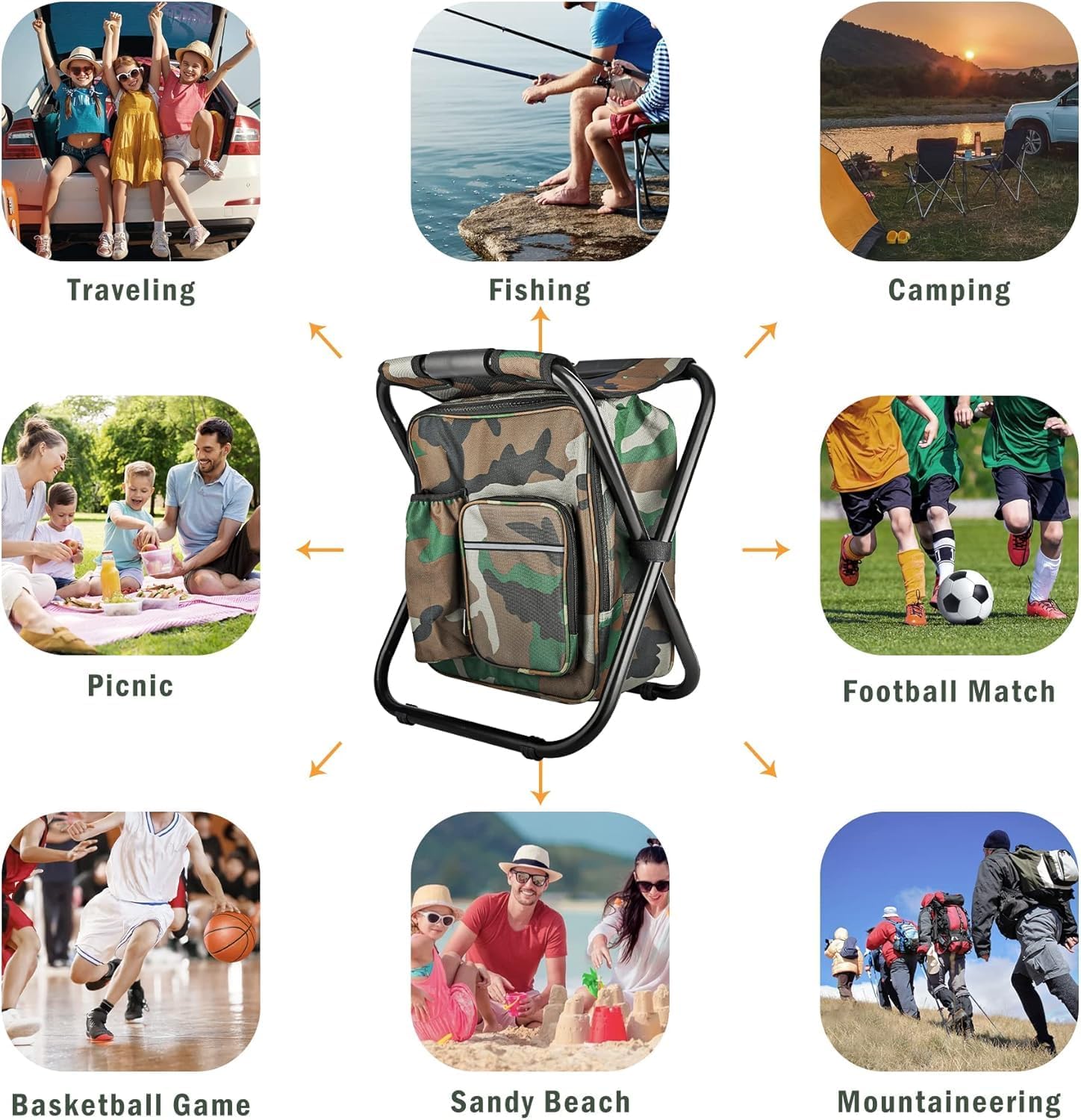 Camouflage Folding Camping Chair Portable Compact Adjustable Fishing Stool for Outdoor Use.