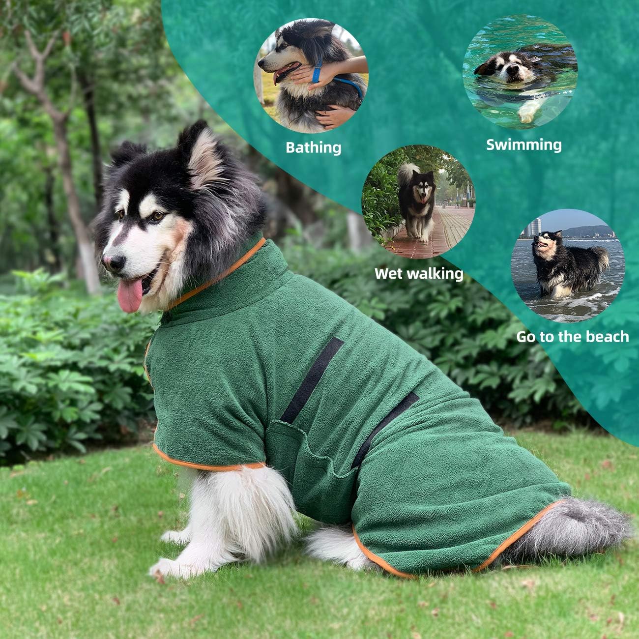 Green Dog Bathrobe with Orange Piping Size S - Adjustable Strap Pet Towel for Dogs