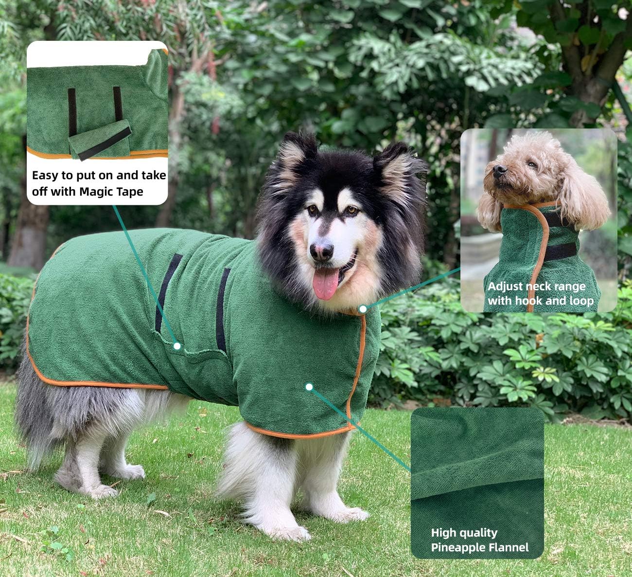 Green Dog Bathrobe with Orange Piping Size S - Adjustable Strap Pet Towel for Dogs
