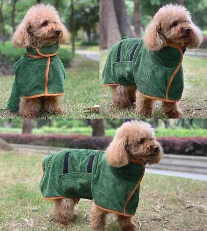Green Dog Bathrobe with Orange Piping Size S - Adjustable Strap Pet Towel for Dogs