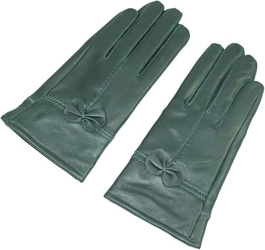 Military Green Winter Leather Gloves - Warm Fleece Lined - Stylish Size L.