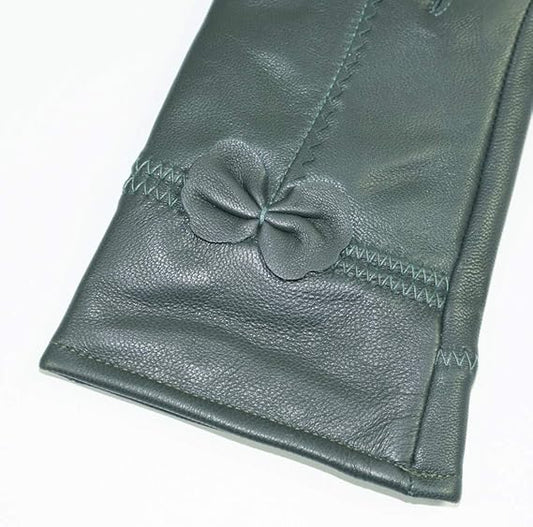 Military Green Winter Leather Gloves - Warm Fleece Lined - Stylish Size L.