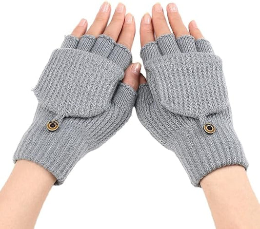 Women's Light Grey Fingerless Gloves Warm Winter Accessory.