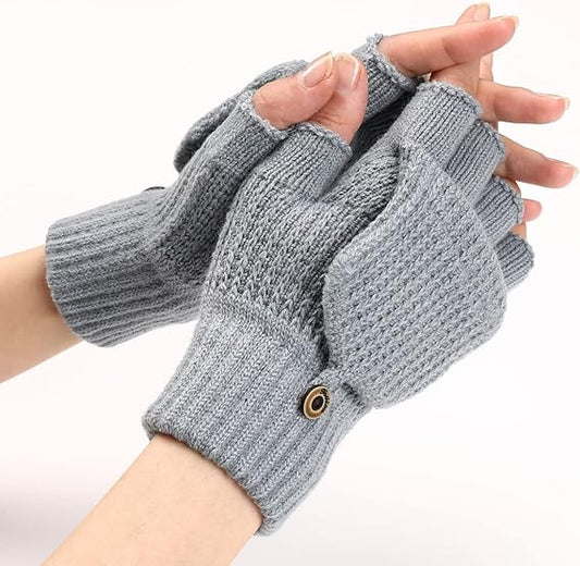 Women's Light Grey Fingerless Gloves Warm Winter Accessory.