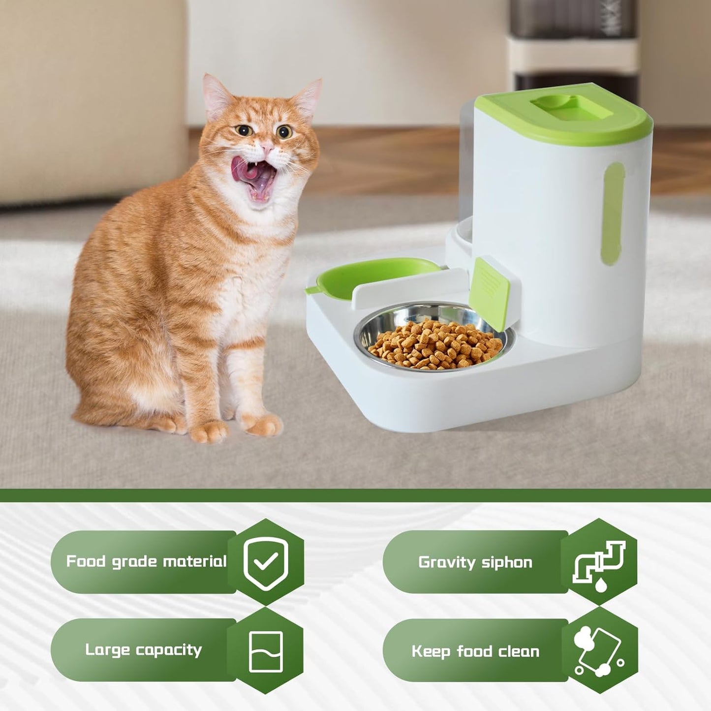 Automatic Pet Feeder 1 Piece Dog Cat Food Bowl Water Bowl Green