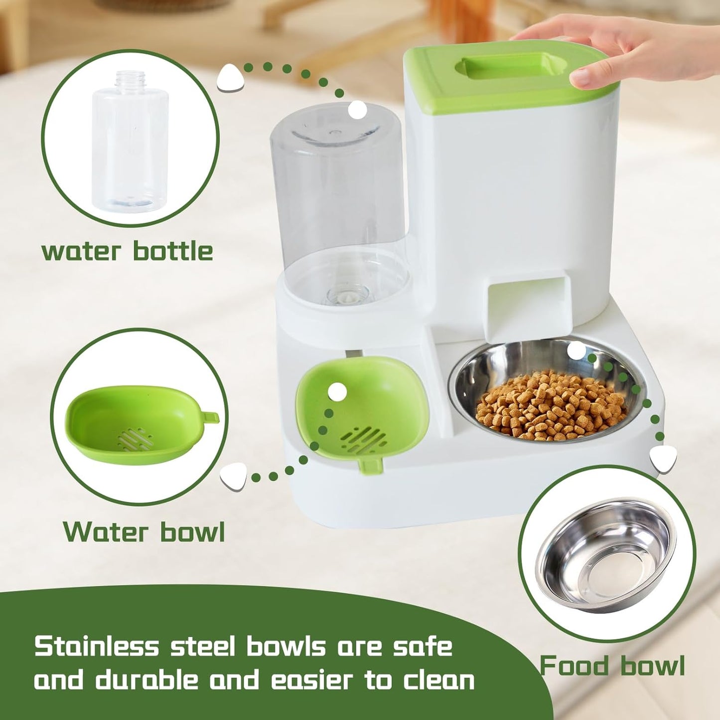 Automatic Pet Feeder 1 Piece Dog Cat Food Bowl Water Bowl Green