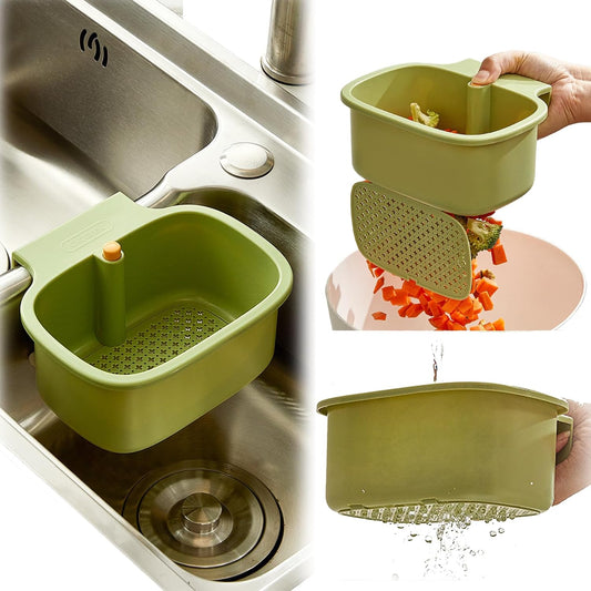 Green Multi-Functional Hanging Food Strainer for Sinks One Touch Release Screen Auto-Dump Kitchen Waste Filter Fruit Vegetable Washer.