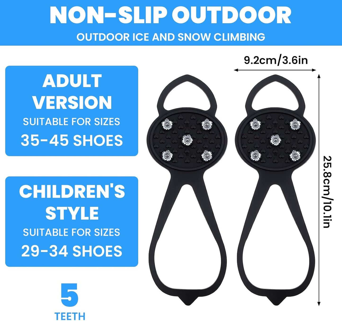 Anti-Slip Spikes Crampons with 5 Steel Teeth 2 Pairs for Traction on Ice and Snow