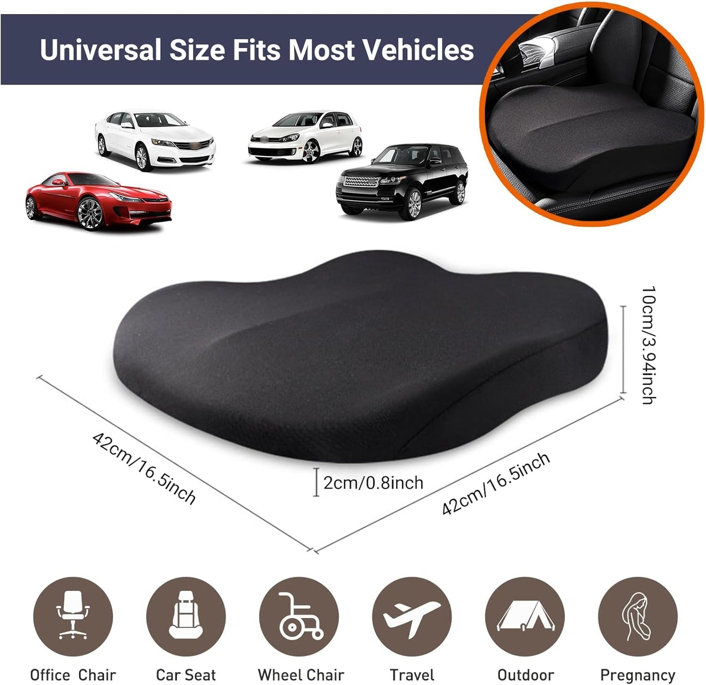 Memory Foam Car Seat Cushion 42x42x10cm Pink - Comfortable Support for Auto Seats.