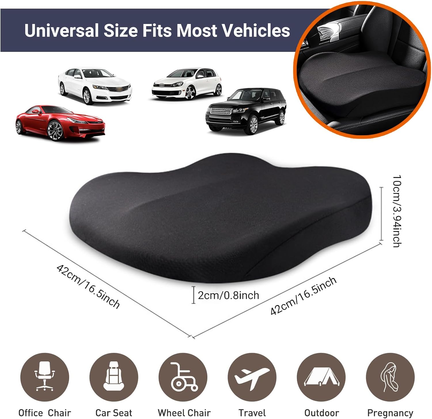 Memory Foam Car Seat Cushion 42x42x10cm Pink - Comfortable Support for Auto Seats.