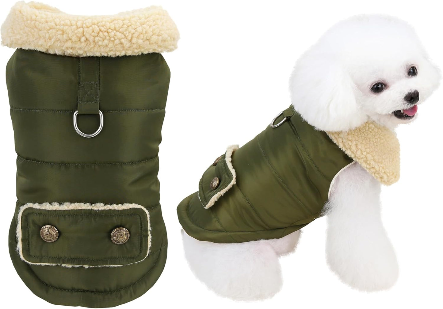 Winter Warm Dog Jacket Military Green Size S for Cold Weather Protection.
