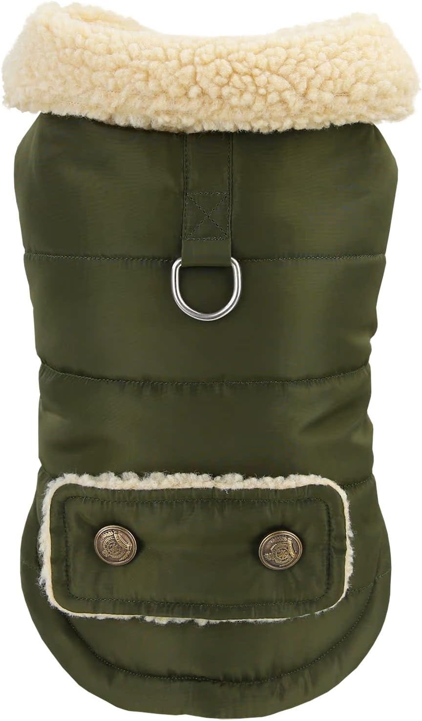 Winter Warm Dog Jacket Military Green Size S for Cold Weather Protection.
