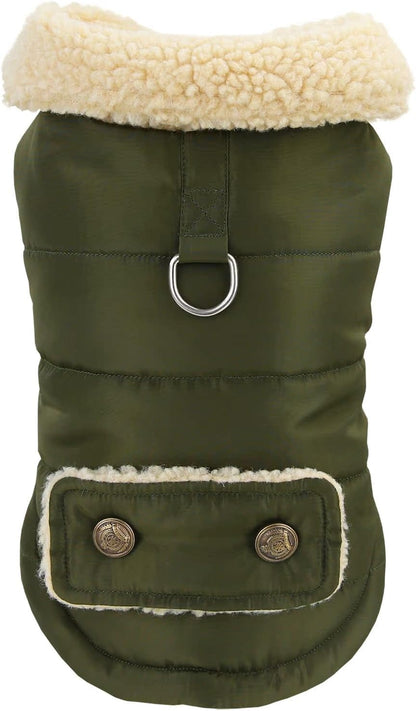 Winter Warm Dog Jacket Military Green Size S for Cold Weather Protection.