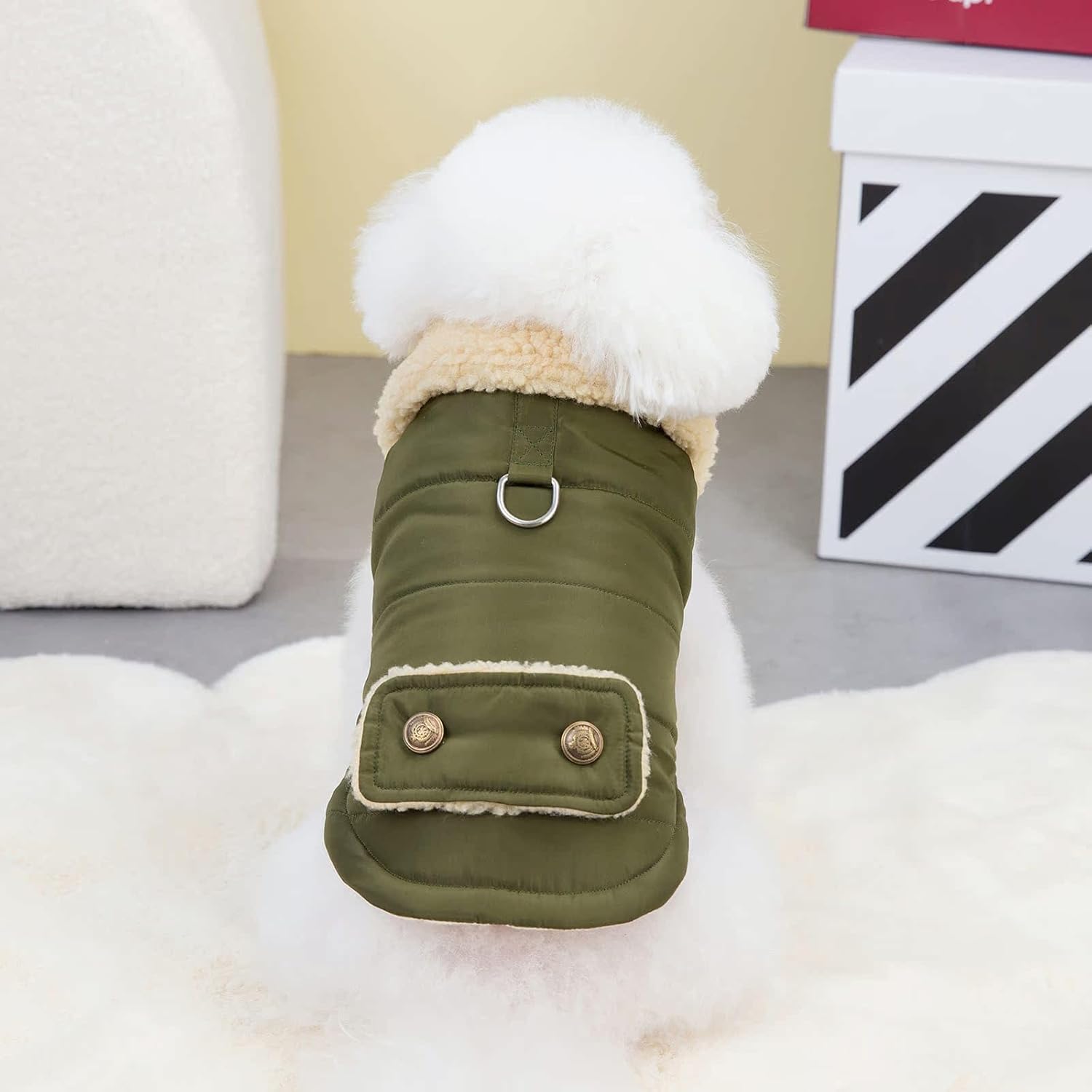 Winter Warm Dog Jacket Military Green Size S for Cold Weather Protection.