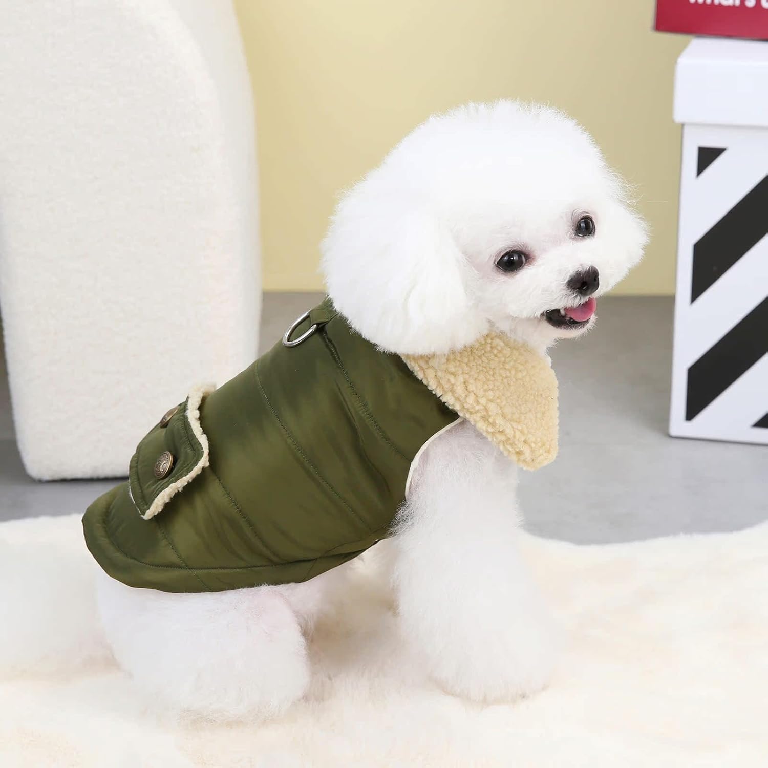 Winter Warm Dog Jacket Military Green Size S for Cold Weather Protection.