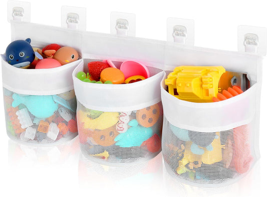 Bathroom Storage Bag with Three Compartments - Bath Toy Organizer - 23.8x9.8x4.7 Inch - White.