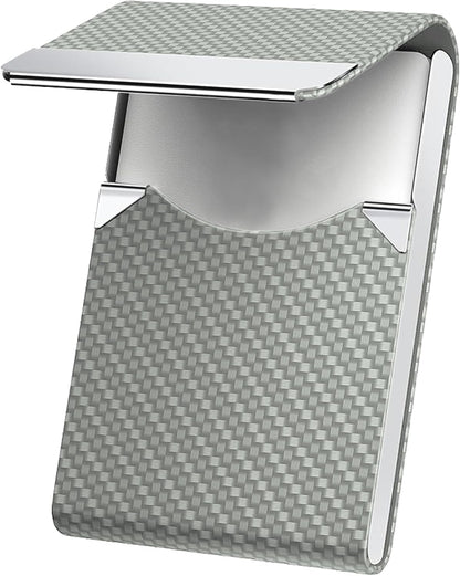 Men's Leather & Stainless Steel Magnetic Business Card Holder - Premium PU Leather & Metal Card Case - Forest Green.