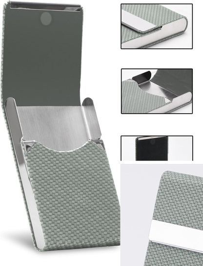 Men's Leather & Stainless Steel Magnetic Business Card Holder - Premium PU Leather & Metal Card Case - Forest Green.