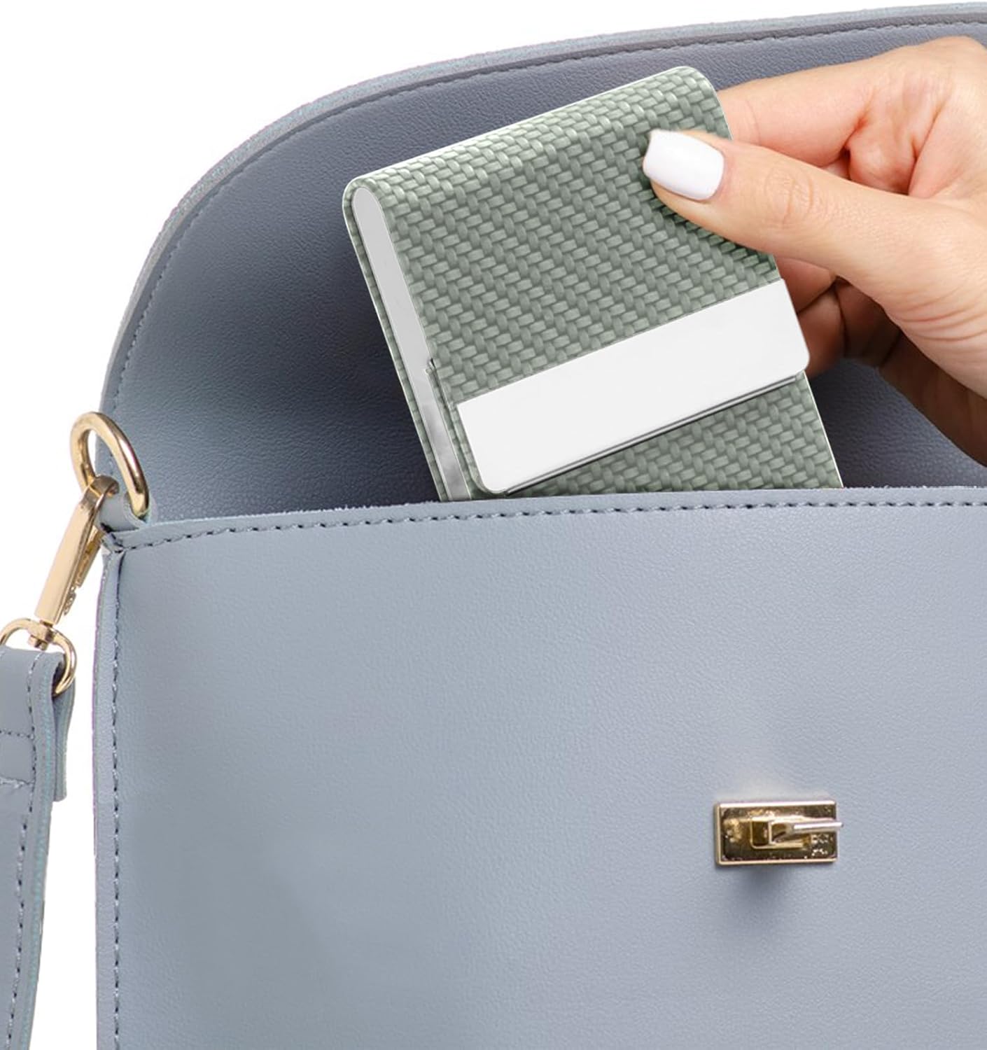 Men's Leather & Stainless Steel Magnetic Business Card Holder - Premium PU Leather & Metal Card Case - Forest Green.