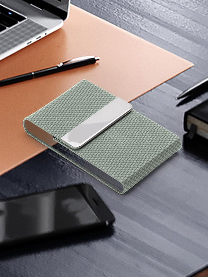 Men's Leather & Stainless Steel Magnetic Business Card Holder - Premium PU Leather & Metal Card Case - Forest Green.