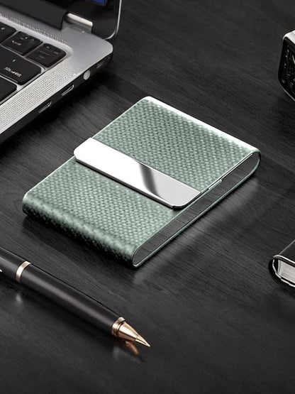 Men's Leather & Stainless Steel Magnetic Business Card Holder - Premium PU Leather & Metal Card Case - Forest Green.