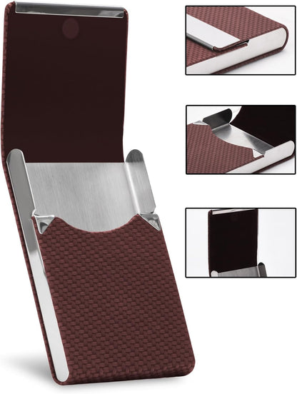 Men's Premium Leather & Stainless Steel Business Card Holder with Magnetic Closure - Brown