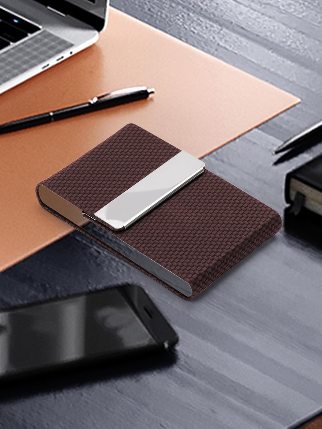 Men's Premium Leather & Stainless Steel Business Card Holder with Magnetic Closure - Brown