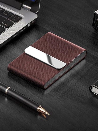 Men's Premium Leather & Stainless Steel Business Card Holder with Magnetic Closure - Brown
